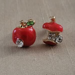 Mismatch red & gold tone apple enamel & crystal earrings, teacher appreciation